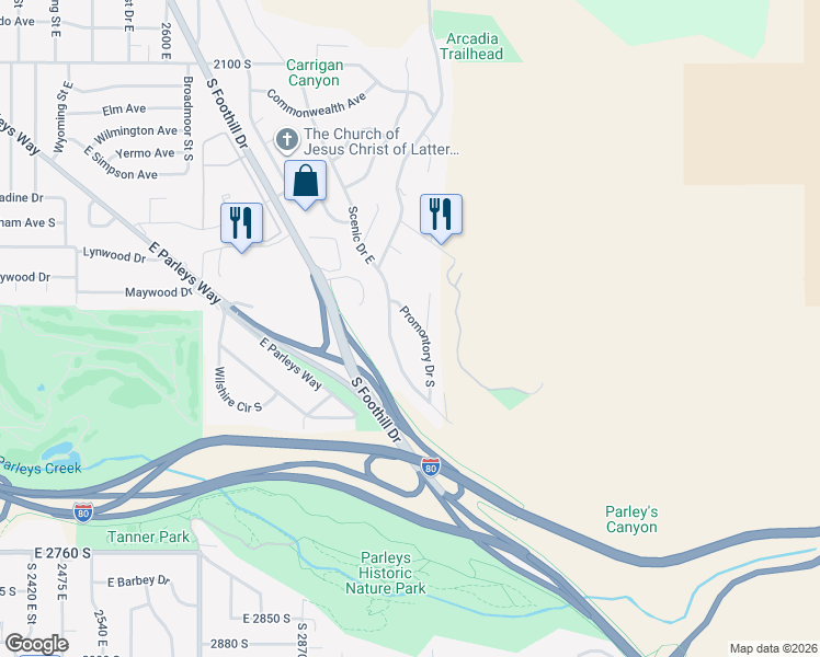 map of restaurants, bars, coffee shops, grocery stores, and more near 2430 Promontory Drive South in Salt Lake City
