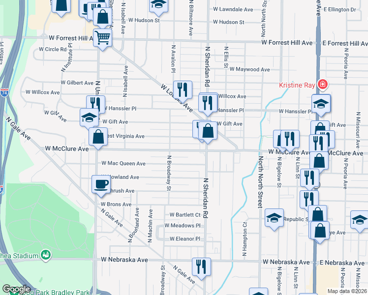 map of restaurants, bars, coffee shops, grocery stores, and more near 808 West McClure Avenue in Peoria
