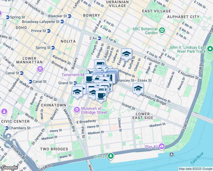 map of restaurants, bars, coffee shops, grocery stores, and more near 242 Broome Street in New York