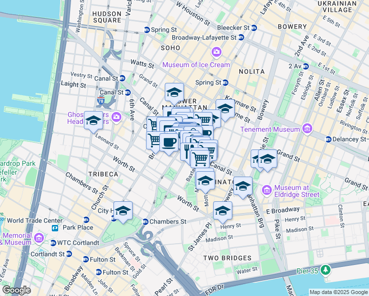 map of restaurants, bars, coffee shops, grocery stores, and more near 153d Centre Street in New York