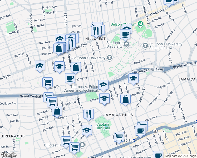 map of restaurants, bars, coffee shops, grocery stores, and more near 82-83 166th Street in Queens