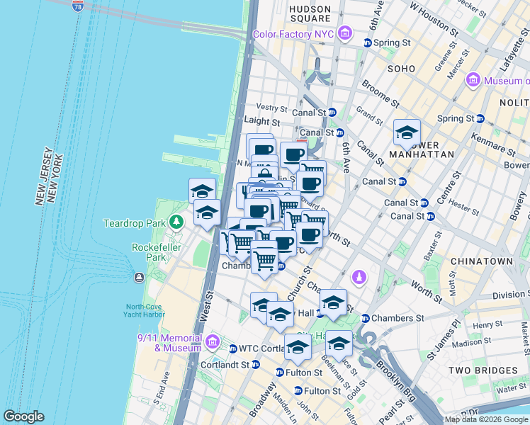 map of restaurants, bars, coffee shops, grocery stores, and more near 177 Duane Street in New York