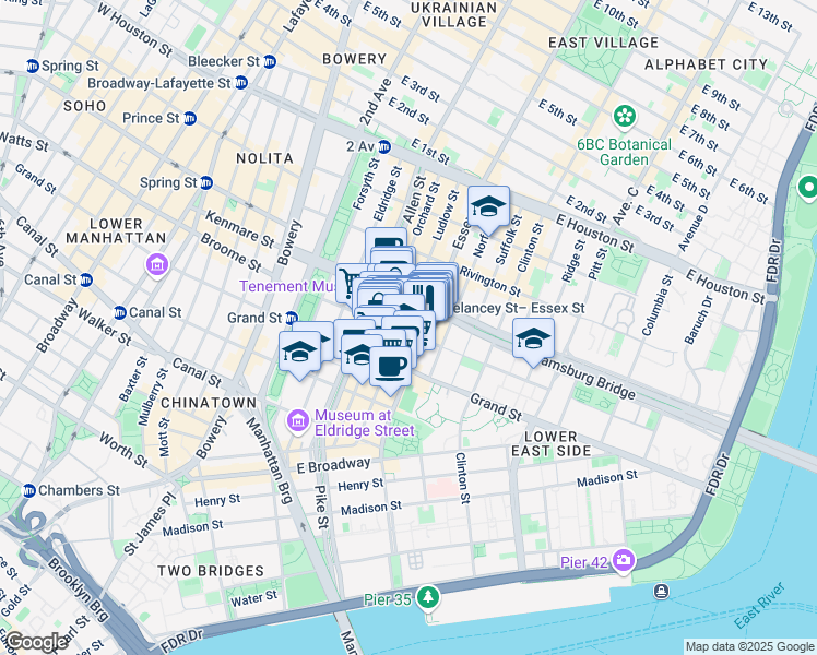 map of restaurants, bars, coffee shops, grocery stores, and more near 224 Broome Street in New York