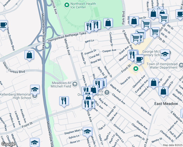 map of restaurants, bars, coffee shops, grocery stores, and more near 1652 Edro Court in East Meadow