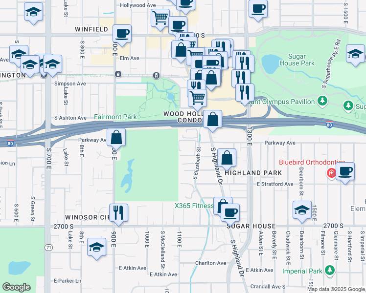 map of restaurants, bars, coffee shops, grocery stores, and more near 2408 South Elizabeth Street in Salt Lake City