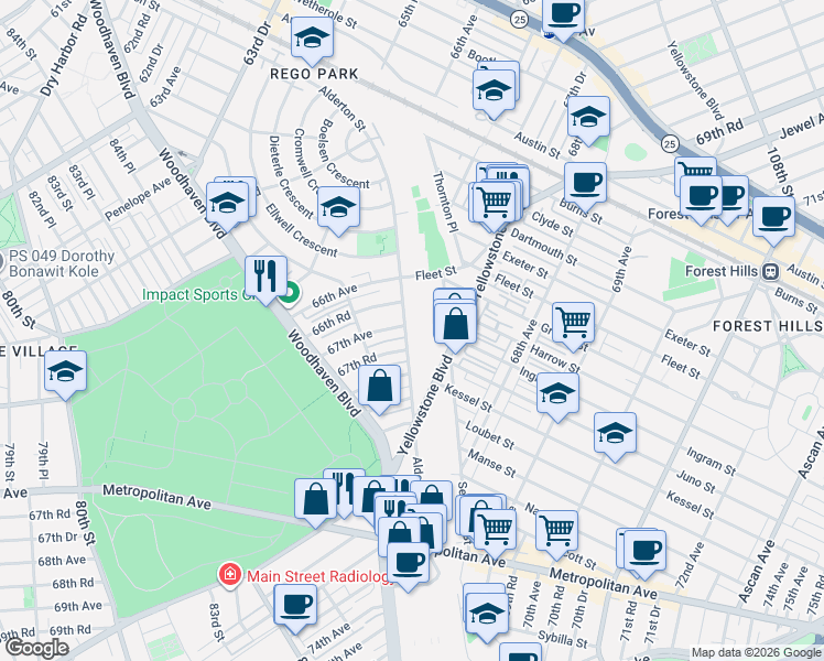map of restaurants, bars, coffee shops, grocery stores, and more near 67-17 Alderton Street in Queens
