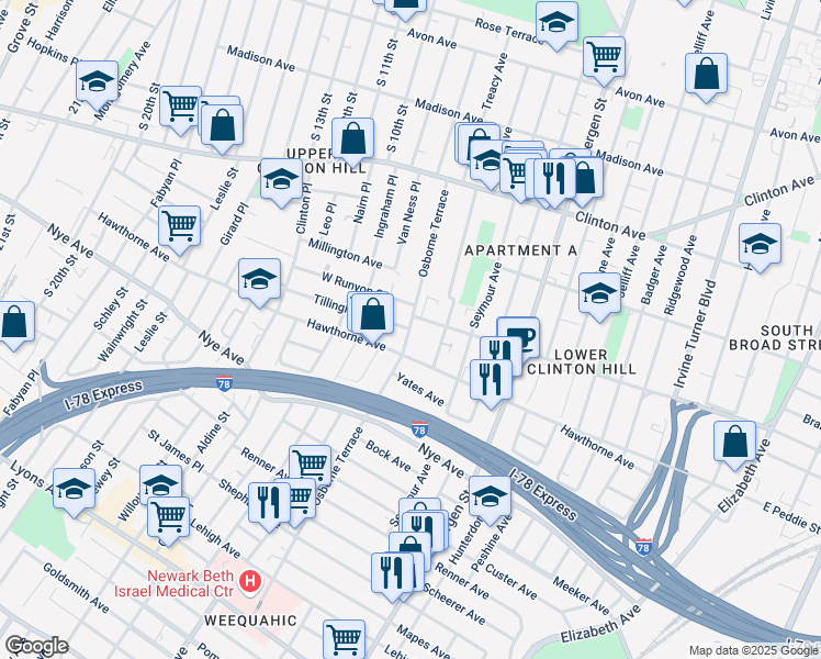 map of restaurants, bars, coffee shops, grocery stores, and more near Osborne Terrace & Tillinghast St in Newark
