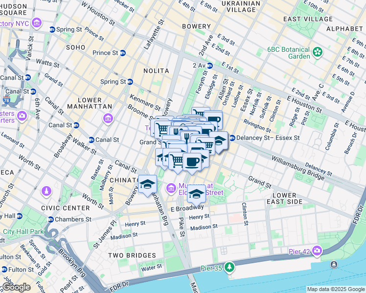 map of restaurants, bars, coffee shops, grocery stores, and more near 111 Eldridge Street in New York
