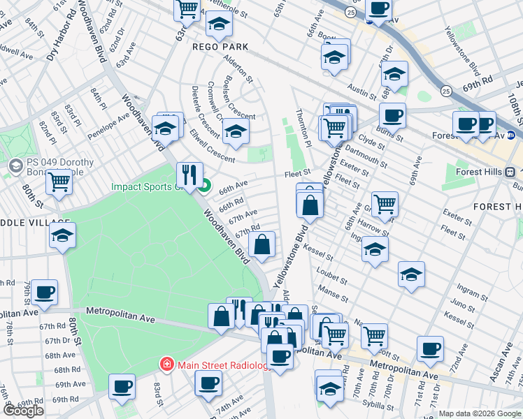 map of restaurants, bars, coffee shops, grocery stores, and more near 85-53 67th Road in Queens