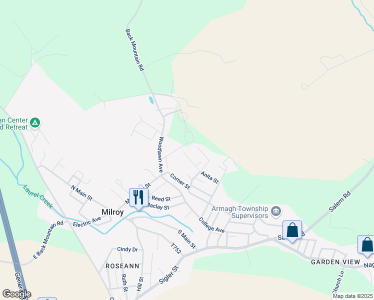 map of restaurants, bars, coffee shops, grocery stores, and more near 13 Anita Street in Milroy
