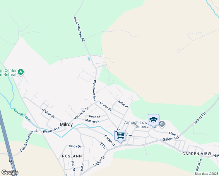 map of restaurants, bars, coffee shops, grocery stores, and more near 13 Anita Street in Milroy