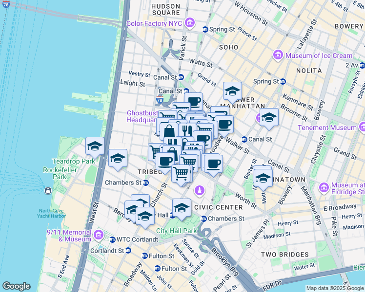 map of restaurants, bars, coffee shops, grocery stores, and more near 66 Leonard Street in New York