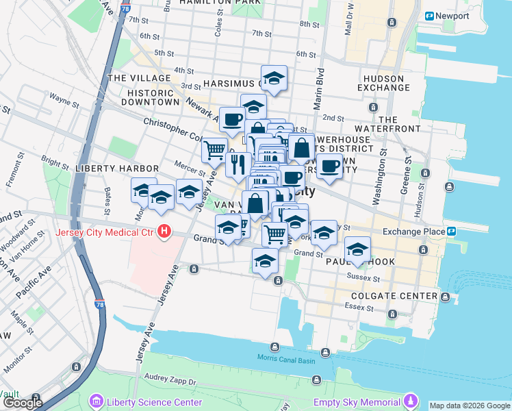 map of restaurants, bars, coffee shops, grocery stores, and more near 215 Montgomery Street in Jersey City