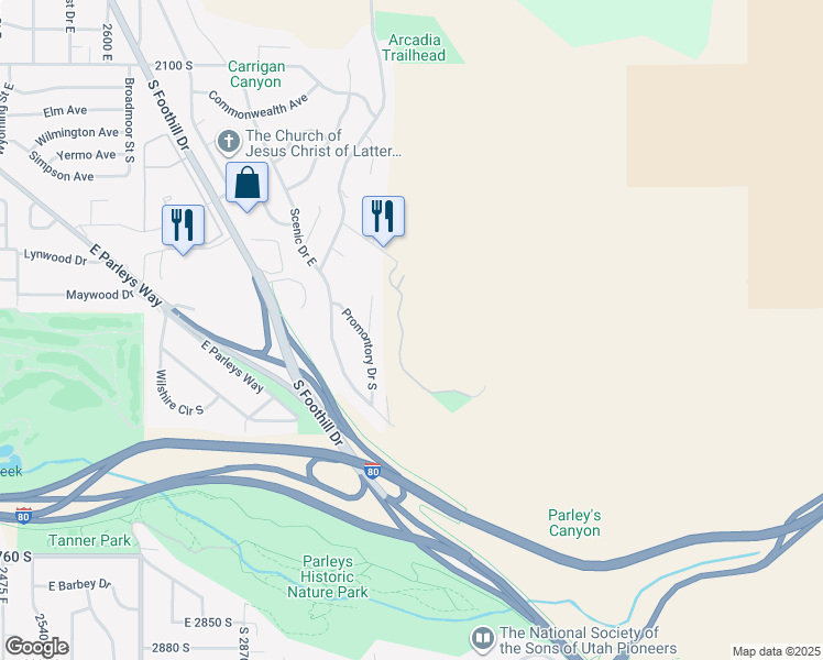 map of restaurants, bars, coffee shops, grocery stores, and more near 2427 South Cannon Point Drive in Salt Lake City