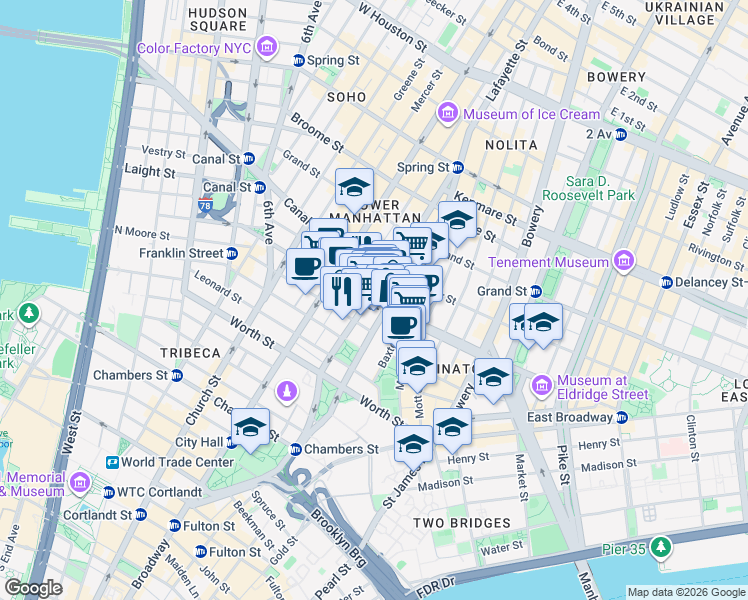 map of restaurants, bars, coffee shops, grocery stores, and more near 153d Centre Street in New York