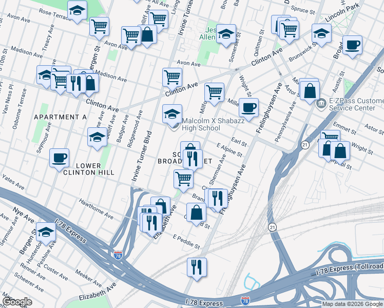map of restaurants, bars, coffee shops, grocery stores, and more near 148 Milford Avenue in Newark
