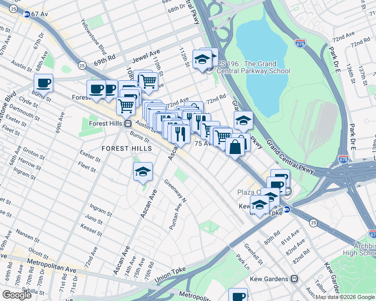 map of restaurants, bars, coffee shops, grocery stores, and more near 76-44 Austin Street in Queens