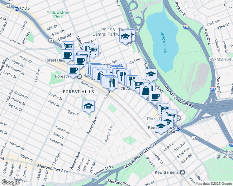 map of restaurants, bars, coffee shops, grocery stores, and more near 110-7 73rd Road in Queens