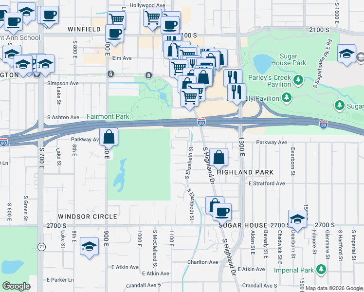 map of restaurants, bars, coffee shops, grocery stores, and more near 2434 South Elizabeth Street in Salt Lake City