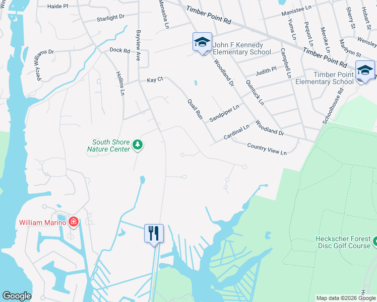 map of restaurants, bars, coffee shops, grocery stores, and more near 6 Fawn Lane in East Islip