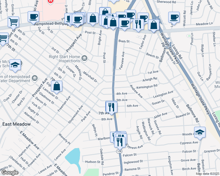 map of restaurants, bars, coffee shops, grocery stores, and more near 2469 4th Avenue in East Meadow