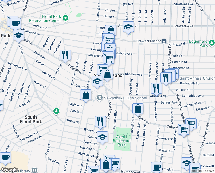 map of restaurants, bars, coffee shops, grocery stores, and more near 600 Tulip Avenue in Floral Park