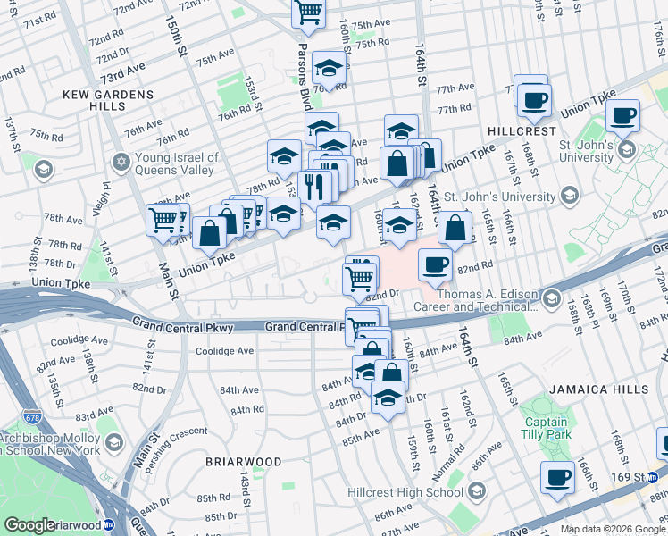 map of restaurants, bars, coffee shops, grocery stores, and more near 150-81 Village Road in Queens