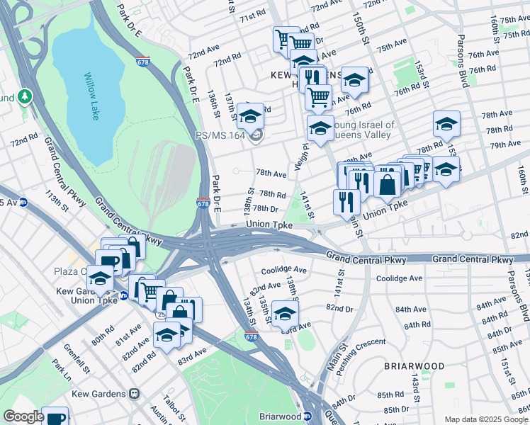 map of restaurants, bars, coffee shops, grocery stores, and more near 138-29 Union Turnpike in Queens