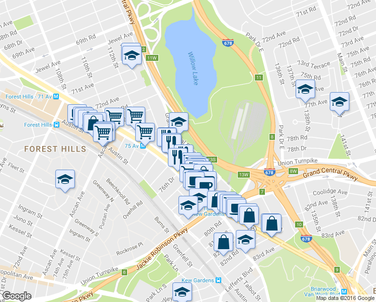 map of restaurants, bars, coffee shops, grocery stores, and more near 76-30 Grand Central Parkway in Queens