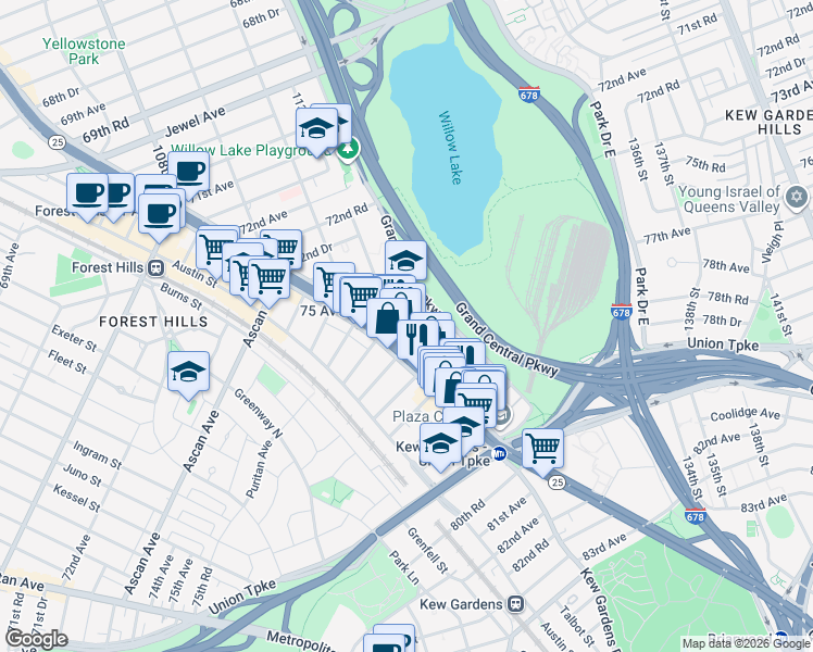 map of restaurants, bars, coffee shops, grocery stores, and more near 113-29 Queens Boulevard in Queens