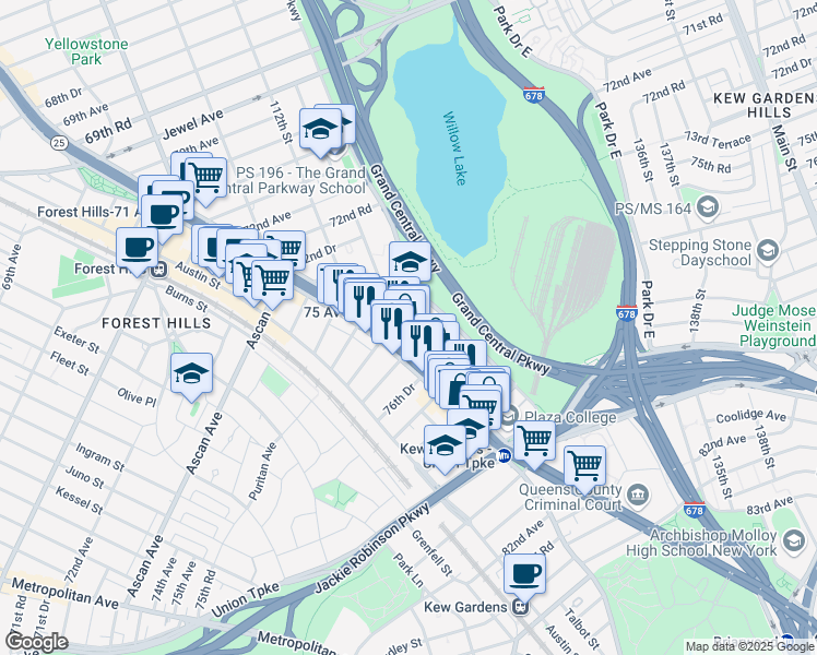 map of restaurants, bars, coffee shops, grocery stores, and more near 113-29 Queens Boulevard in Queens