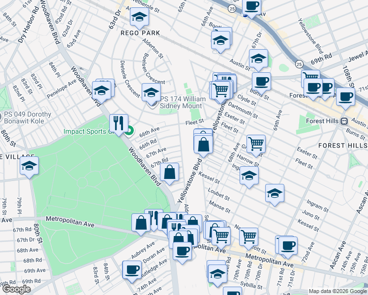 map of restaurants, bars, coffee shops, grocery stores, and more near 67-17 Alderton Street in Queens