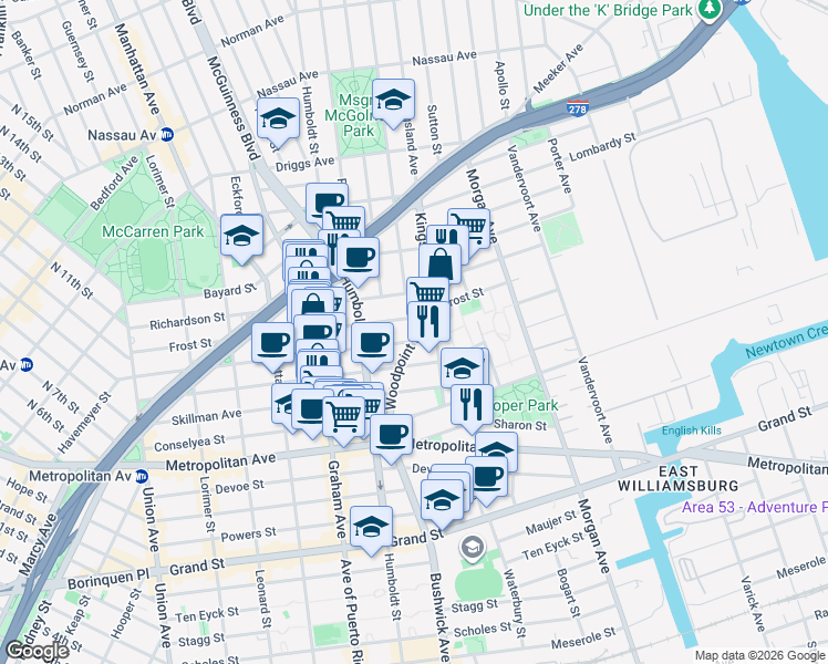 map of restaurants, bars, coffee shops, grocery stores, and more near in Brooklyn