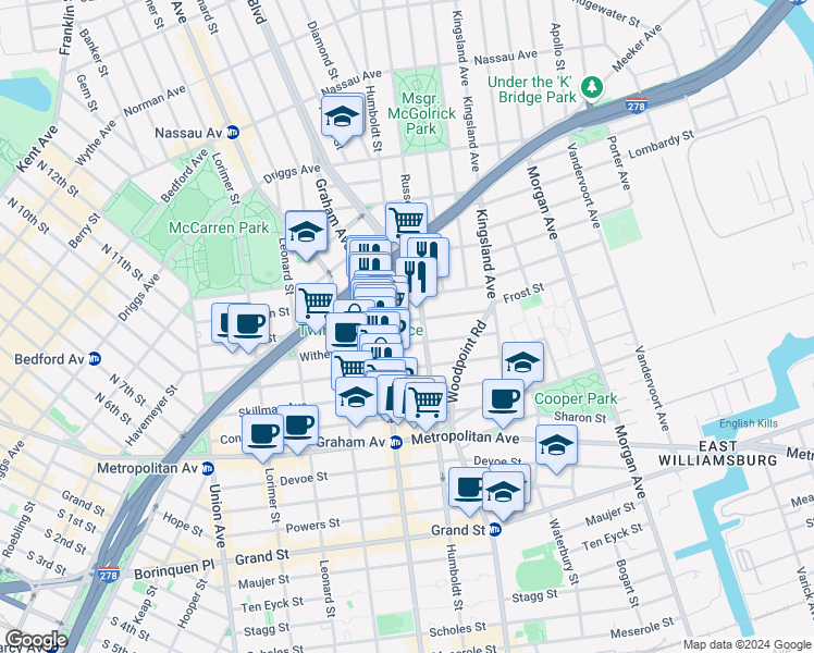 map of restaurants, bars, coffee shops, grocery stores, and more near 189 Withers Street in Brooklyn