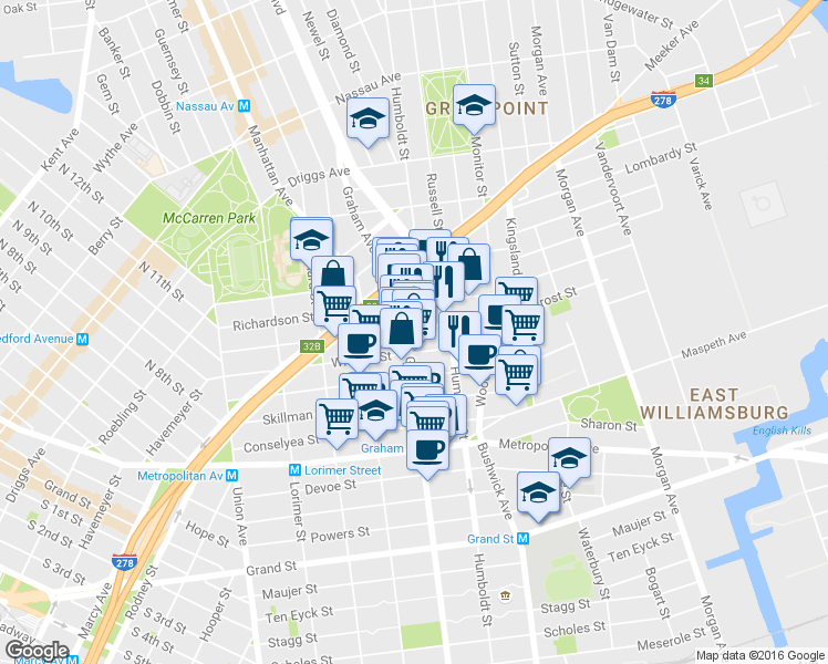 map of restaurants, bars, coffee shops, grocery stores, and more near 189 Withers Street in Brooklyn