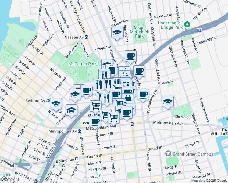 map of restaurants, bars, coffee shops, grocery stores, and more near in Brooklyn