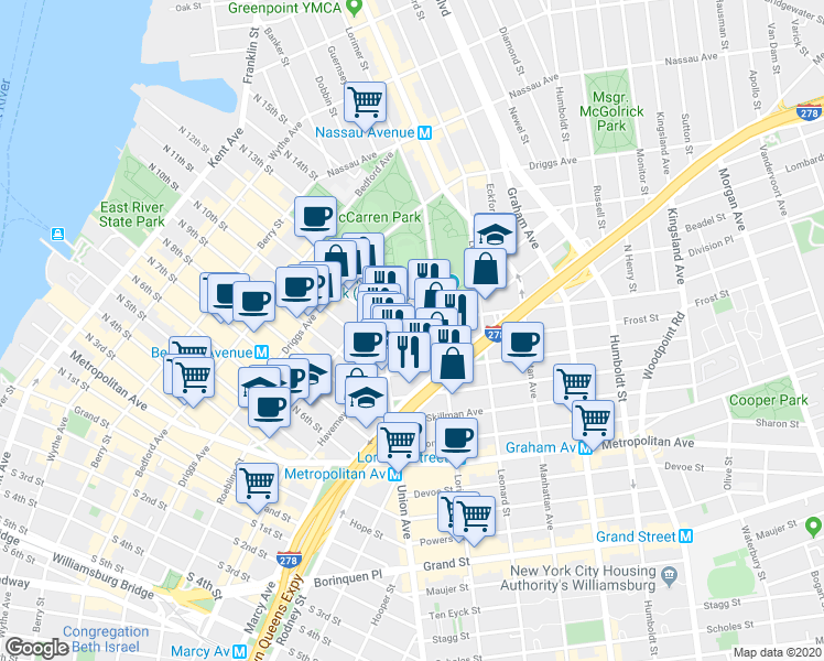 map of restaurants, bars, coffee shops, grocery stores, and more near 15 Frost Street in Brooklyn