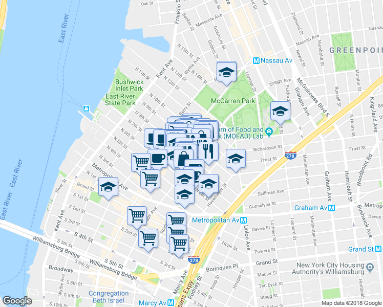 map of restaurants, bars, coffee shops, grocery stores, and more near 534 Driggs Avenue in Brooklyn