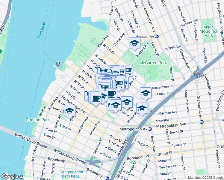 map of restaurants, bars, coffee shops, grocery stores, and more near 155 North 7th Street in Brooklyn