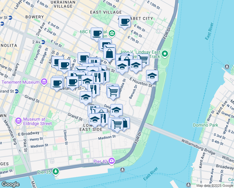 map of restaurants, bars, coffee shops, grocery stores, and more near 69 Columbia Street in New York
