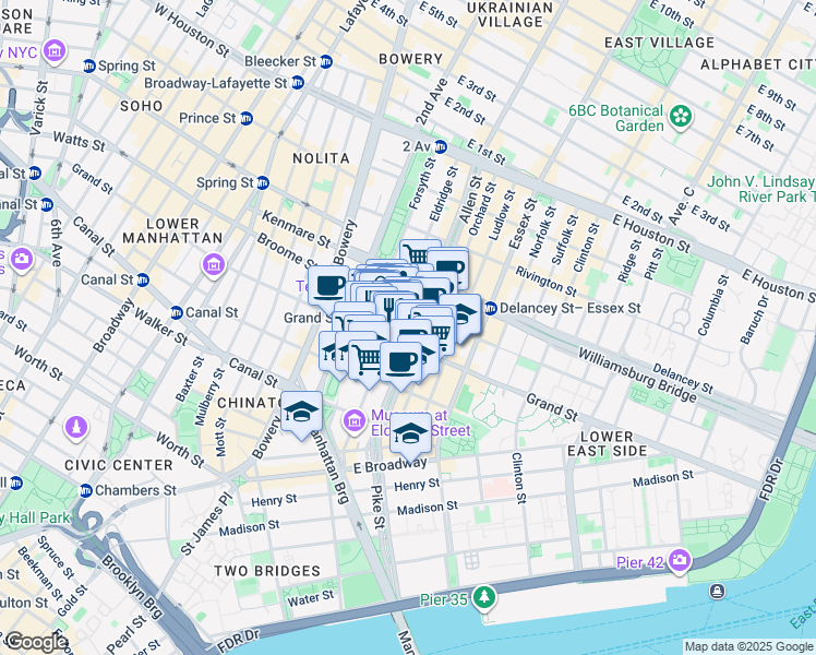 map of restaurants, bars, coffee shops, grocery stores, and more near 111 Eldridge Street in New York