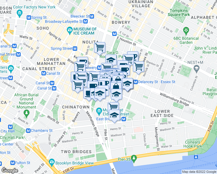 map of restaurants, bars, coffee shops, grocery stores, and more near 111 Eldridge Street in New York