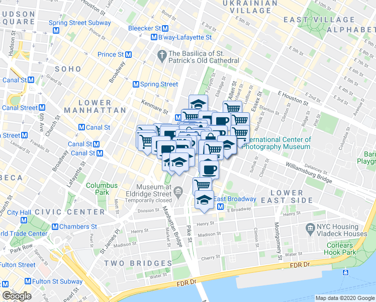 map of restaurants, bars, coffee shops, grocery stores, and more near 111 Eldridge Street in New York
