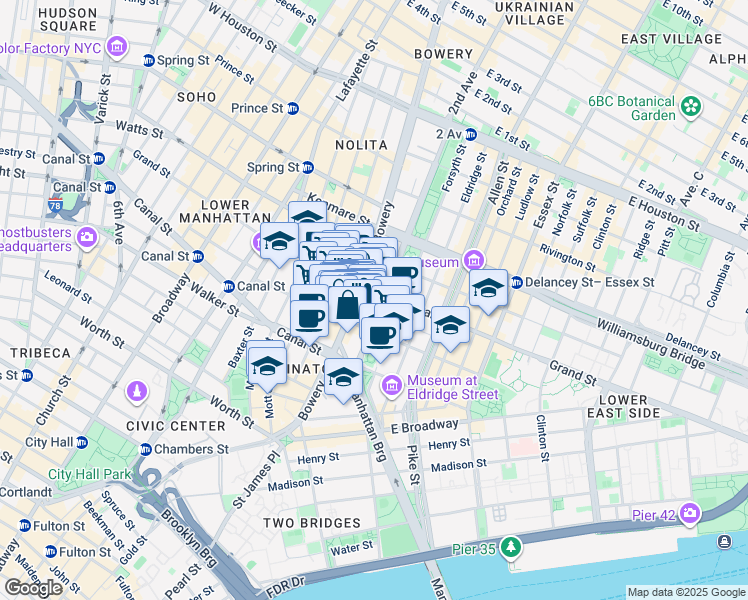 map of restaurants, bars, coffee shops, grocery stores, and more near 237 Grand Street in New York