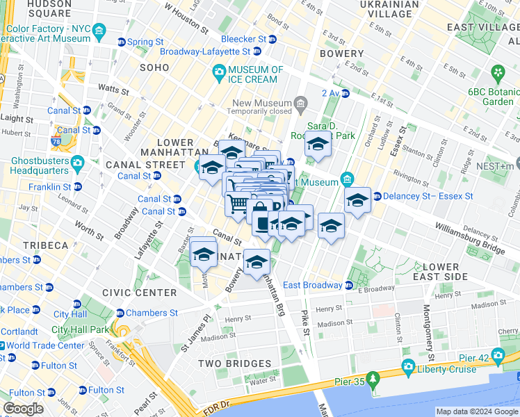 map of restaurants, bars, coffee shops, grocery stores, and more near 237 Grand Street in New York