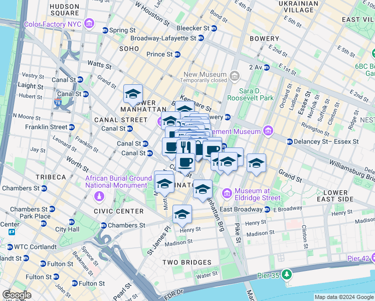 map of restaurants, bars, coffee shops, grocery stores, and more near in New York