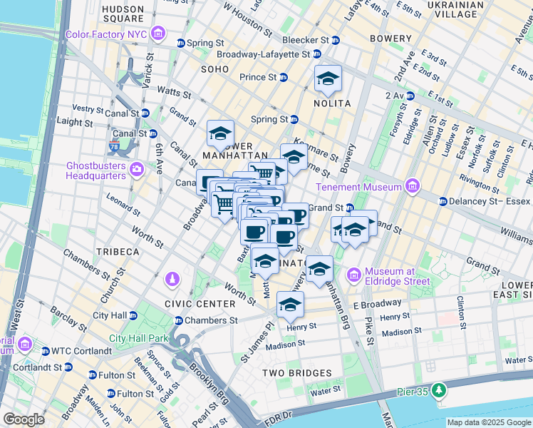 map of restaurants, bars, coffee shops, grocery stores, and more near 89 Mulberry Street in New York