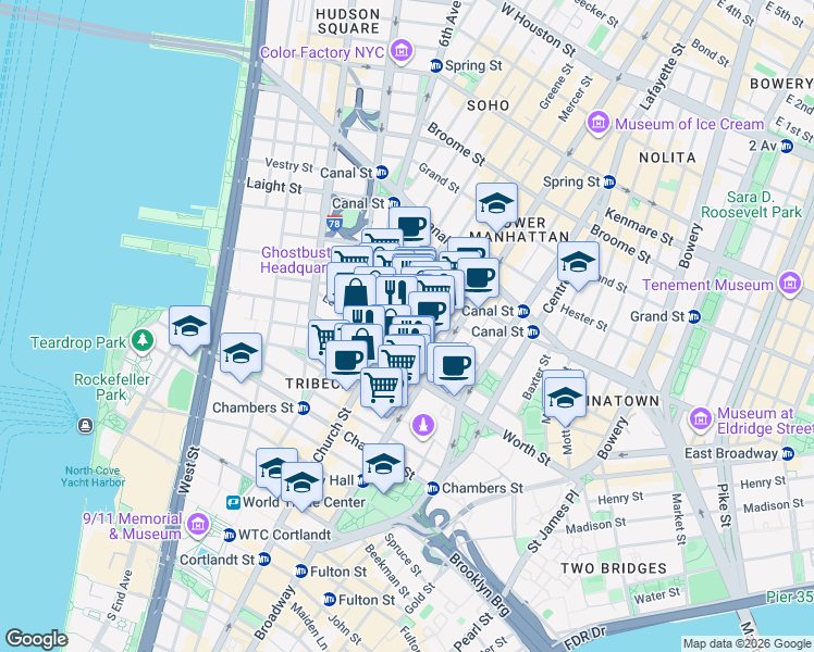 map of restaurants, bars, coffee shops, grocery stores, and more near 66 Leonard Street in New York