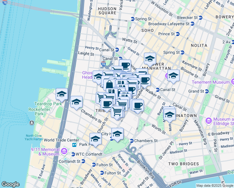 map of restaurants, bars, coffee shops, grocery stores, and more near 66 Leonard Street in New York
