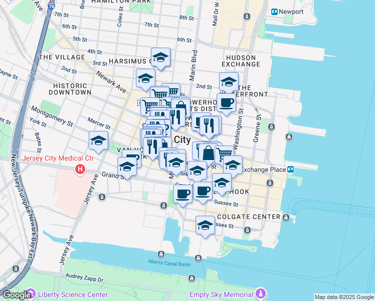 map of restaurants, bars, coffee shops, grocery stores, and more near 201 Montgomery Street in Jersey City